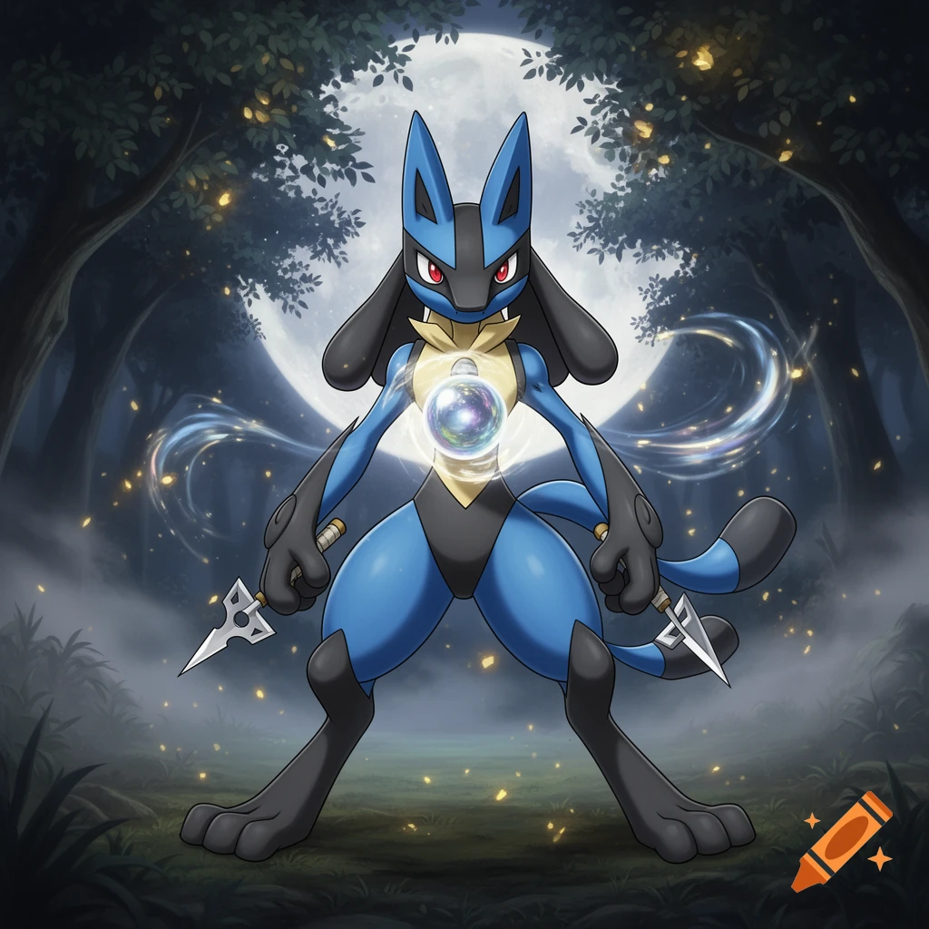 A blue and black Lucario-Greninja fusion stands in a dark, mystical forest under a full moon, glowing with energy and holding shuriken-like weapons.