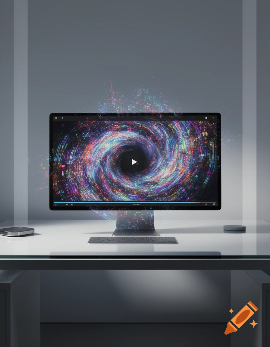 A computer monitor on a sleek white desk displays a vibrant, colorful, swirling abstract pattern, with luminous particles spilling from the screen into the surrounding bright, minimalistic room.