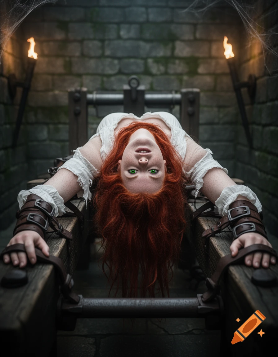 A redheaded woman with bright green eyes lies on her back, strapped to a wooden torture rack in a dark, stone chamber illuminated by torches.