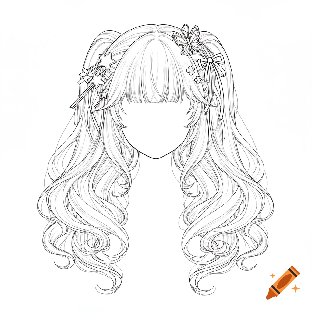 Line art drawing of an anime hairstyle with pigtails, bangs, a butterfly, stars, and ribbons.