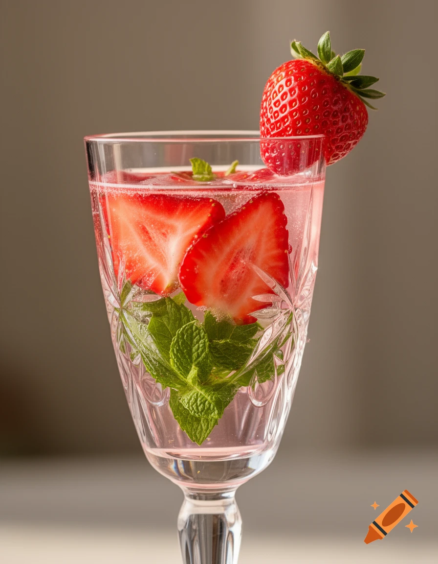 Photorealistic pink cocktail with strawberry slices, fresh mint, and a whole strawberry on the glass rim.