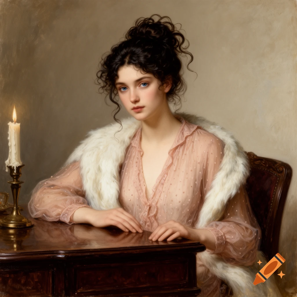 Classical portrait of a young woman with dark curly hair, blue eyes, in pink blouse and white fur stole, at a desk with a lit candle.