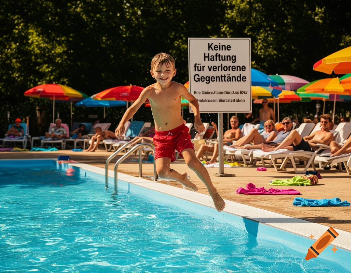 A smiling boy in red swim shorts jumps into a bright blue swimming pool on a sunny day, with people relaxing on lounge chairs in the background.