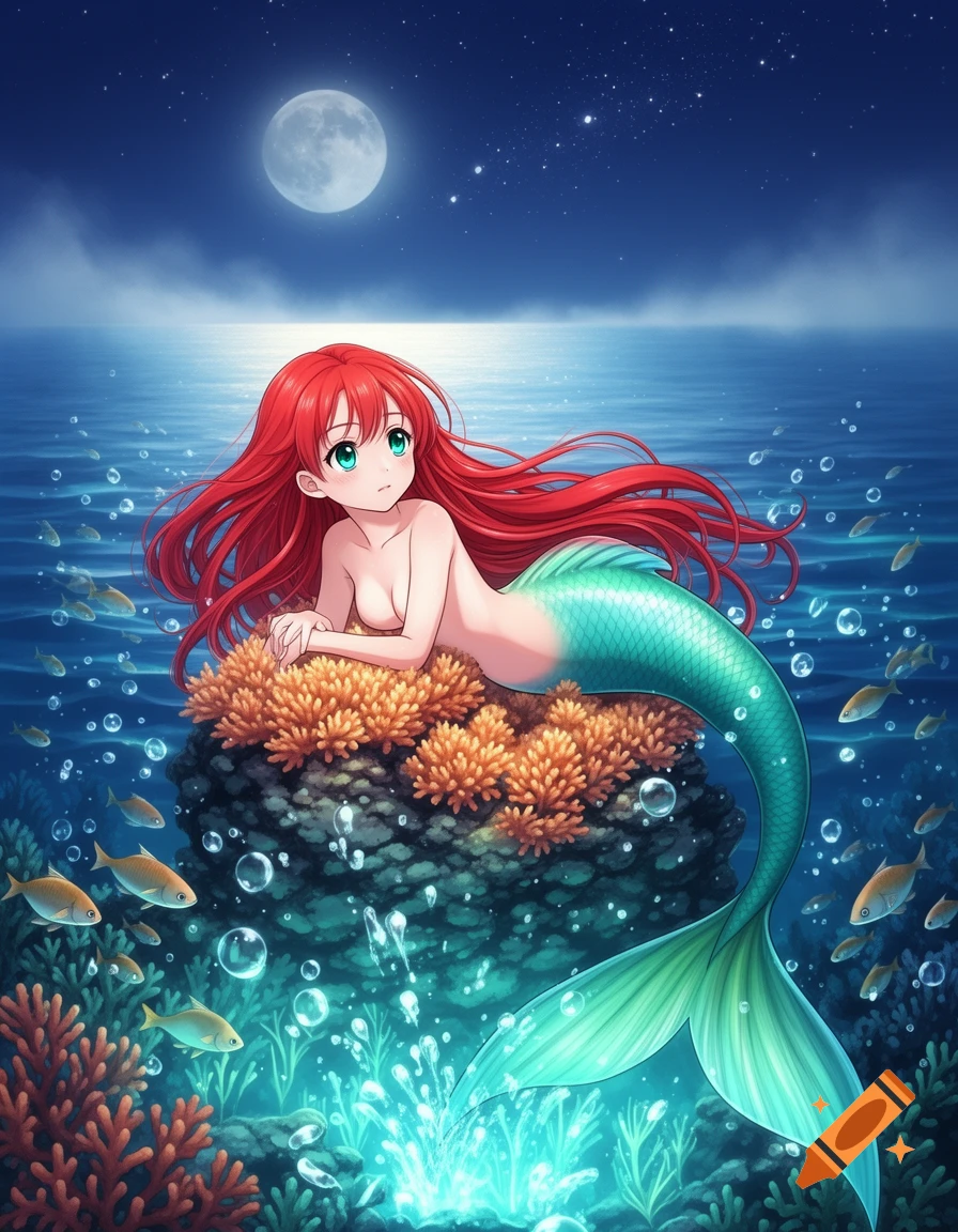 Anime red-haired mermaid lying on a coral reef under a full moon in the ocean with fish.
