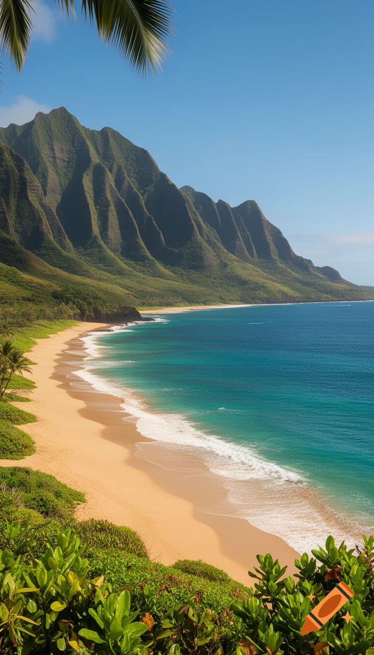 Golden sandy beach with turquoise ocean waves, backed by lush green mountains under a clear sky. Palm fronds frame the foreground.