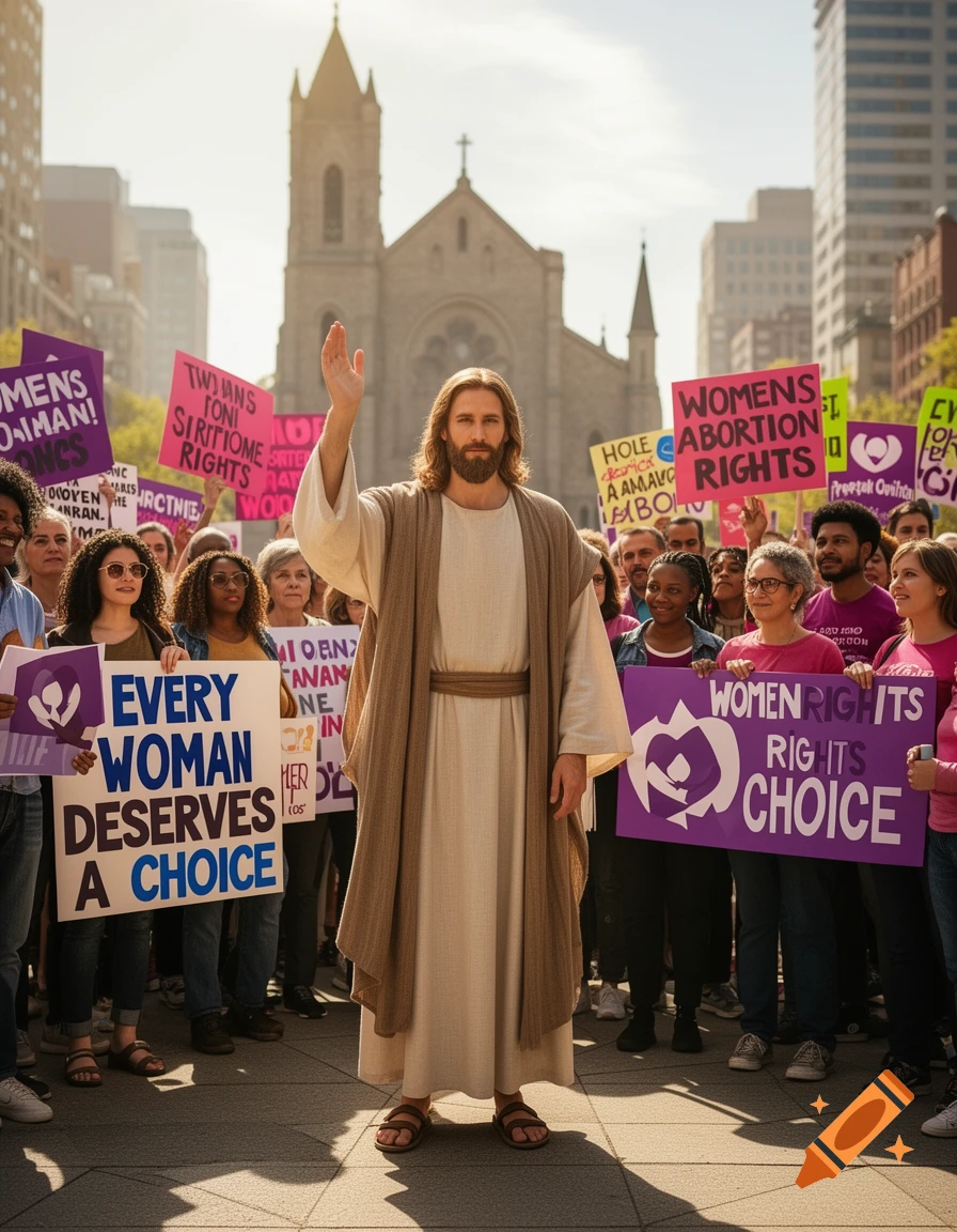 Photorealistic image of Jesus raising a hand, standing among diverse people holding signs at an abortion rights protest, in front of a church.