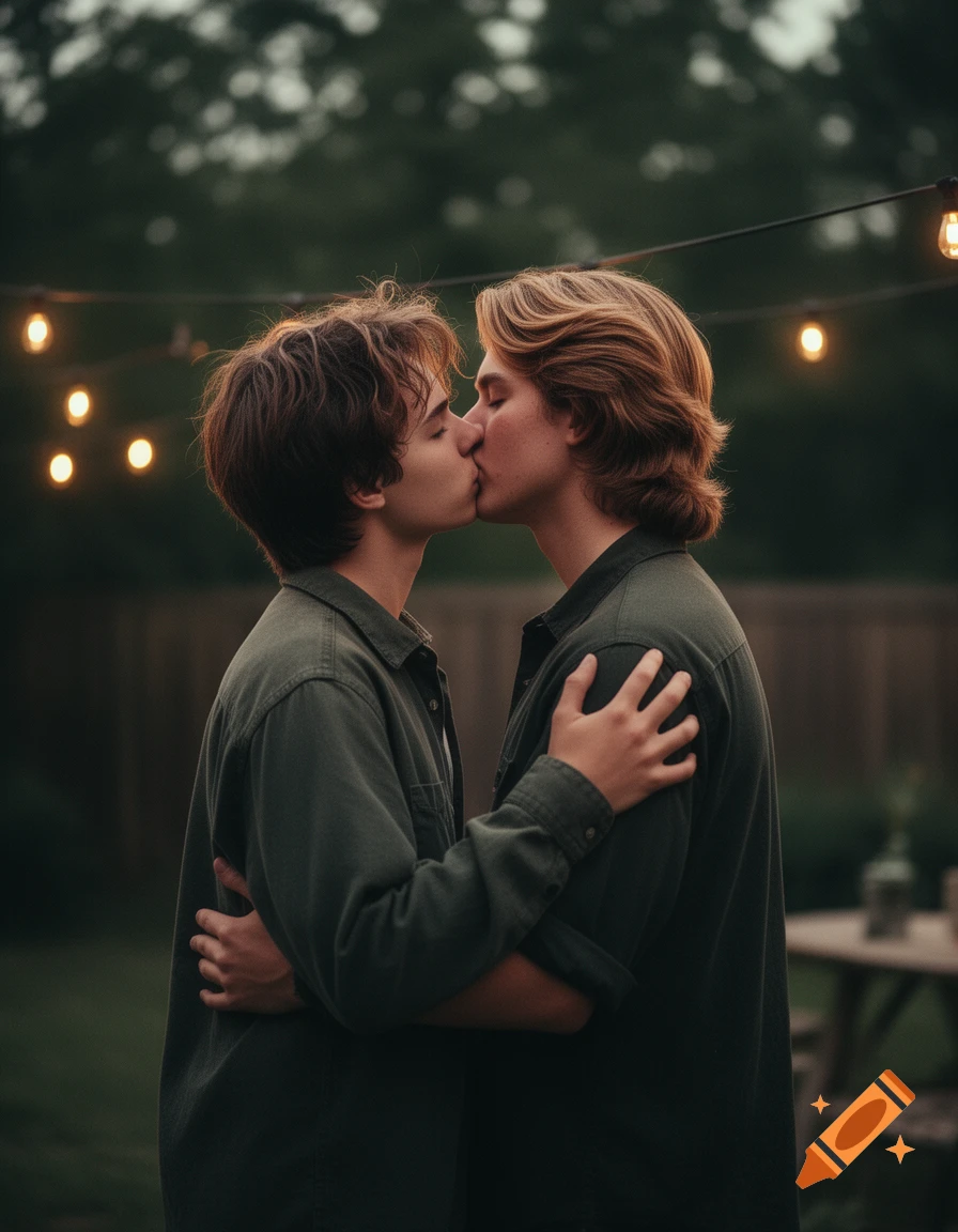 Two young men in green shirts kiss and embrace in a backyard at dusk, with string lights overhead.