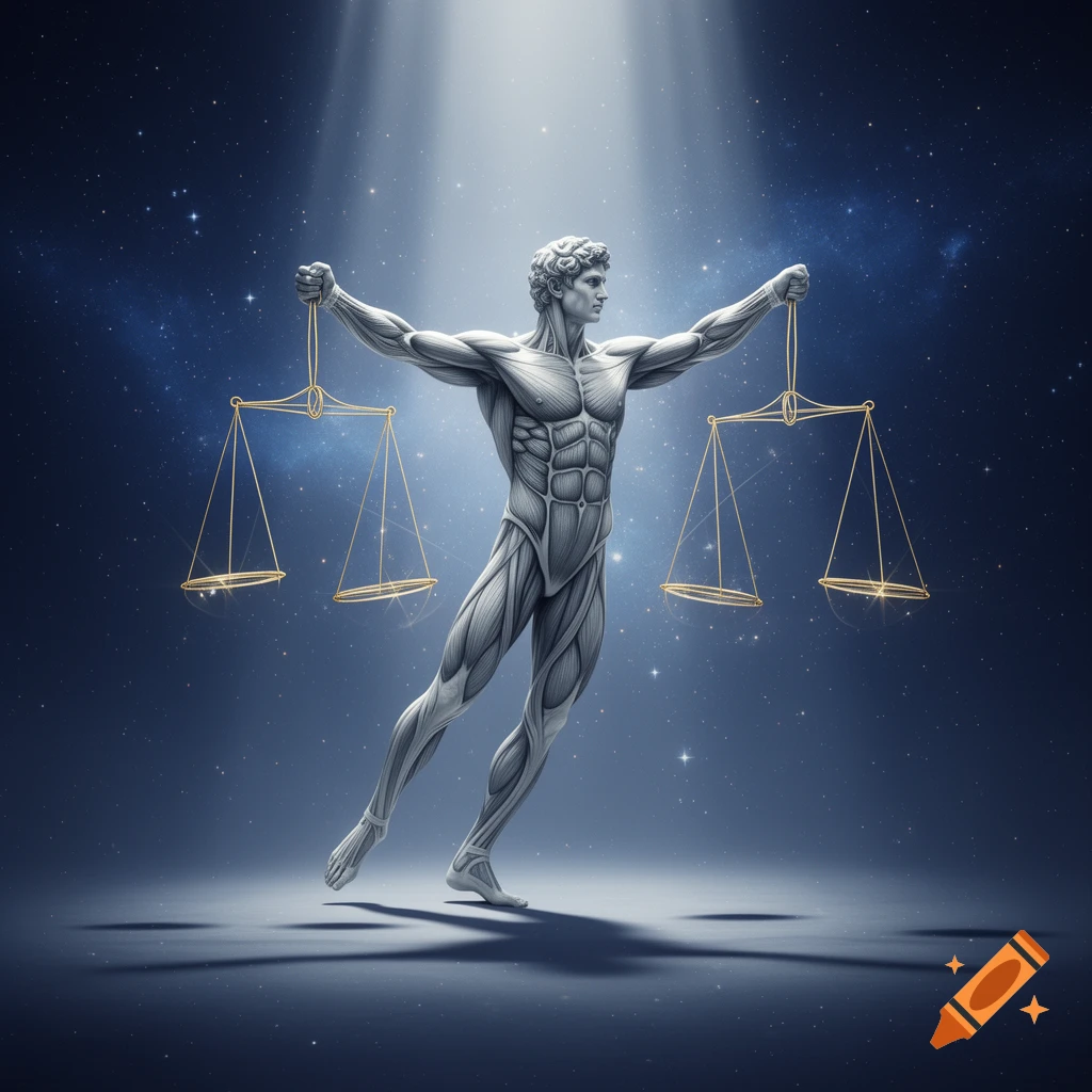 Muscular, sculpted male figure resembling an anatomical study holding balance scales against a starry cosmic background.