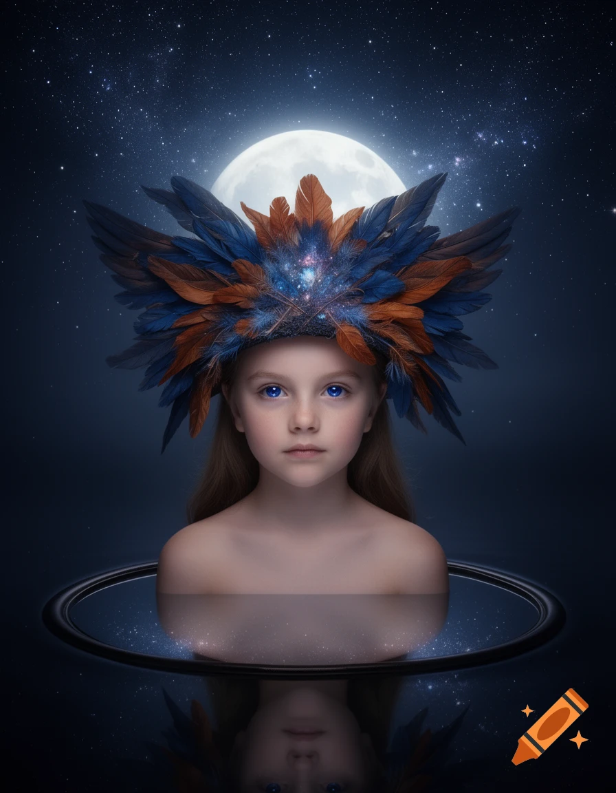 A girl with a feathered headdress and blue eyes under a starry night sky with a full moon, reflecting in a dark pool.