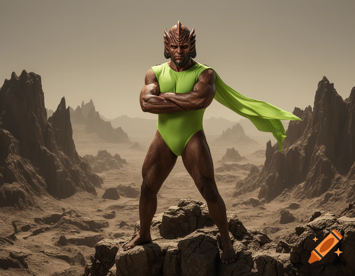 Muscular Klingon-like male in a lime green mankini stands with crossed arms on a rocky alien landscape.