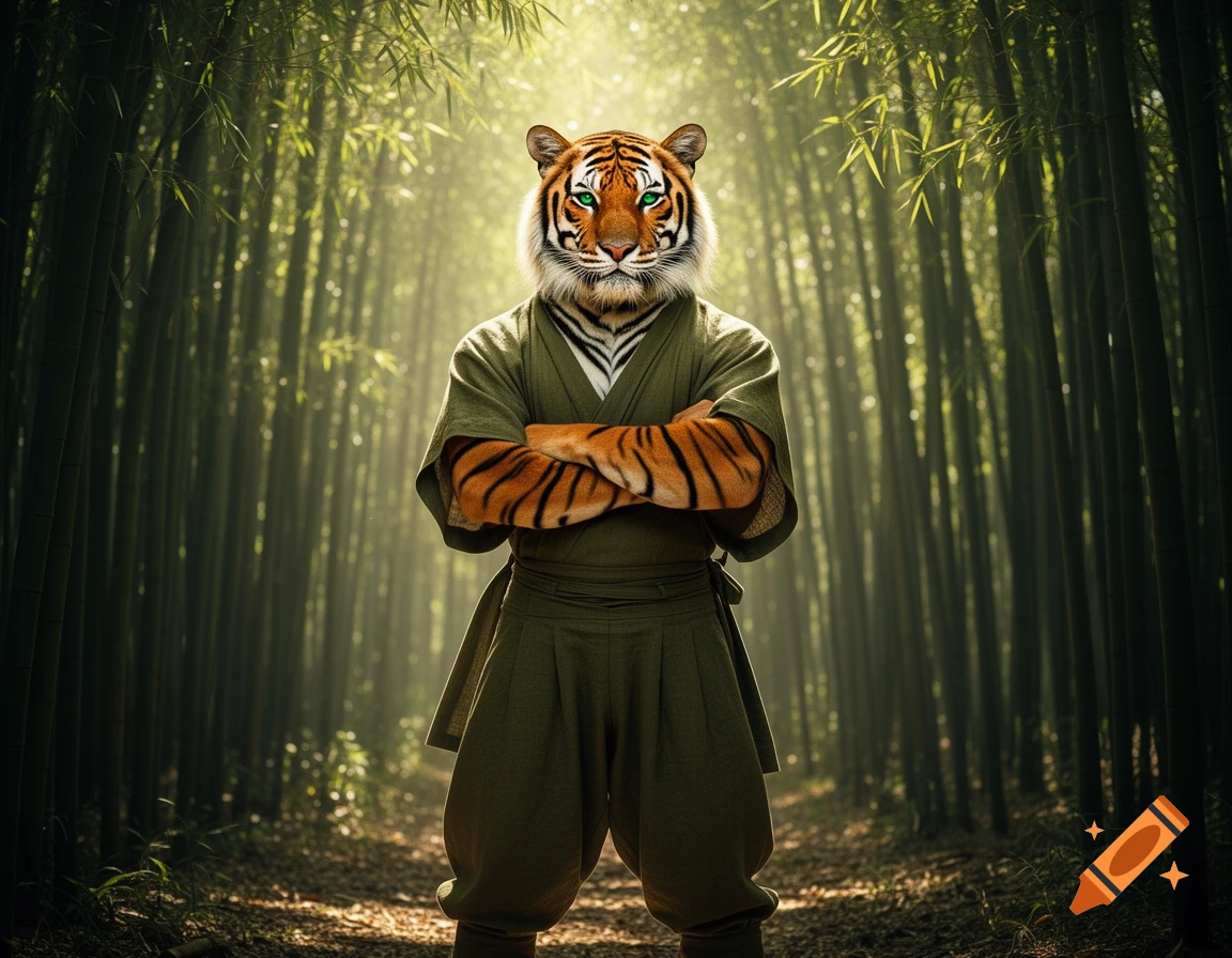 An anthropomorphic tiger in a samurai-like robe stands with crossed arms in a misty bamboo forest.