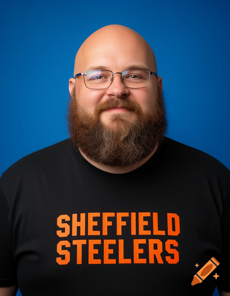 Photorealistic portrait of a bald, bearded man with glasses, wearing a black shirt with orange 'SHEFFIELD STEELERS' text against a blue background.