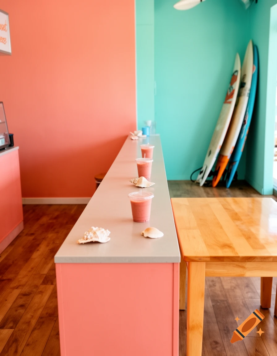 An empty beach cafe interior with coral and turquoise walls, a long counter with smoothies and seashells, a wooden table, and surfboards leaning against a wall.