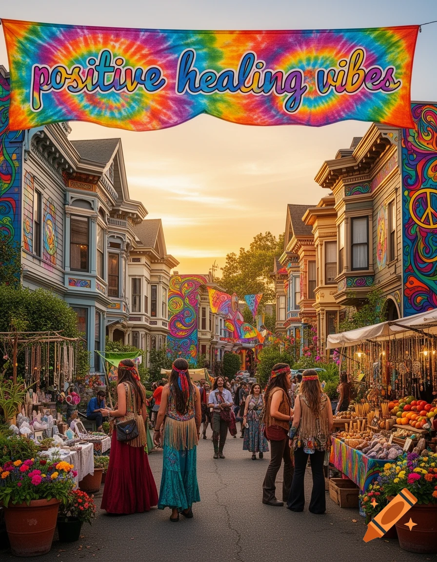 Colorful hippie festival on a street lined with ornate houses, featuring market stalls, people in bohemian attire, and a 'positive healing vibes' banner.