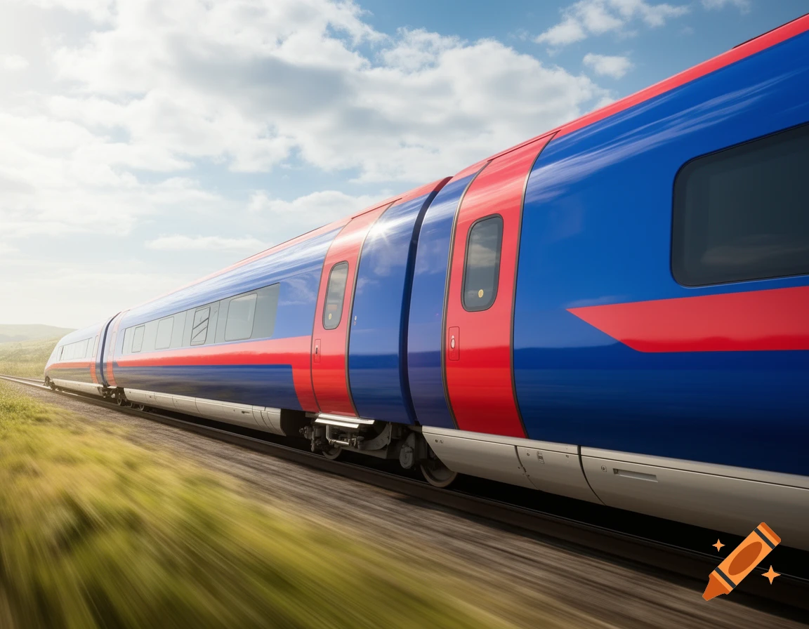 A sleek blue and red high-speed train rushes through green fields under a cloudy sky, motion blur on grass.