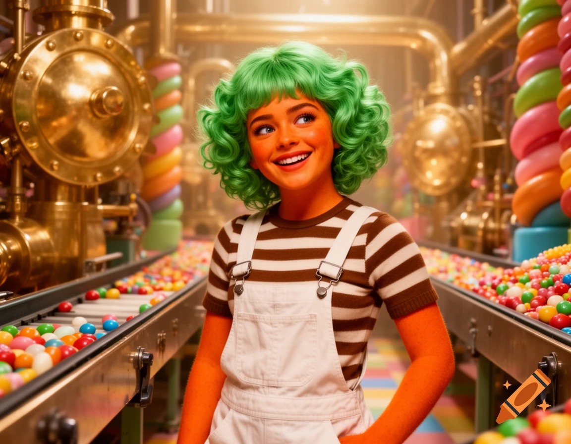 Smiling Oompa Loompa-like woman with green hair and orange skin in a vibrant candy factory with colorful candies on conveyor belts.