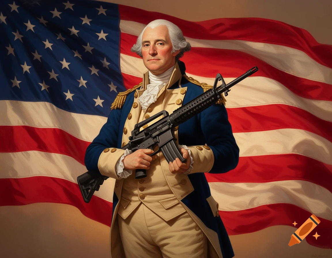 George Washington in uniform holding an AR-15 rifle, standing before a waving American flag in a realistic art style.