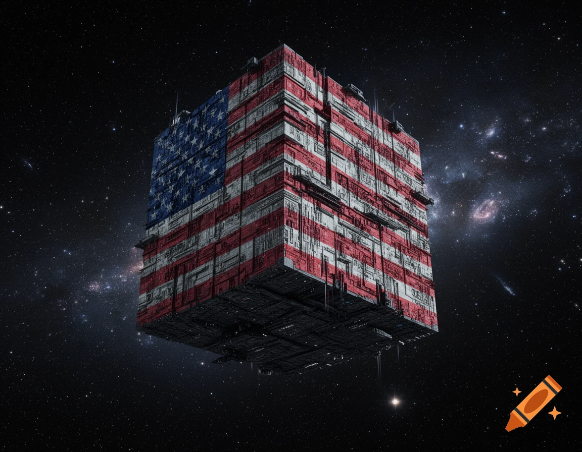 A large cube patterned with the American flag floats majestically in deep space among stars and galaxies.