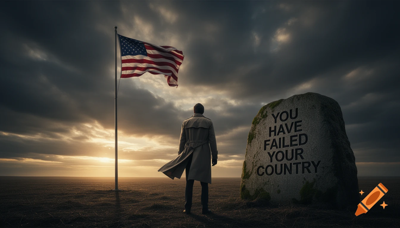 A man in a trench coat stands with his back to the viewer, facing an American flag and a rock inscribed "YOU HAVE FAILED YOUR COUNTRY" under a dramatic, stormy sky at sunset.