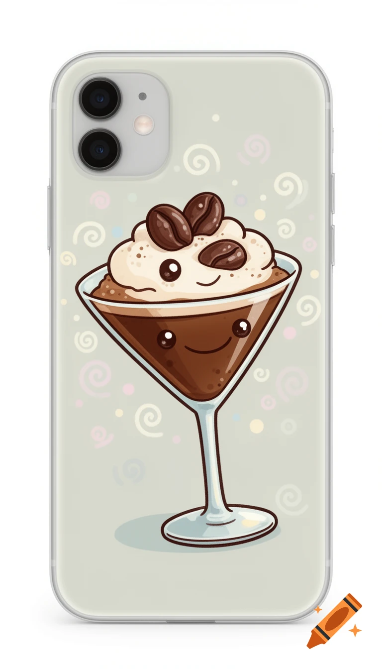 A cute cartoon espresso martini with whipped cream, coffee beans, and a smiling face, depicted on a clear phone case.
