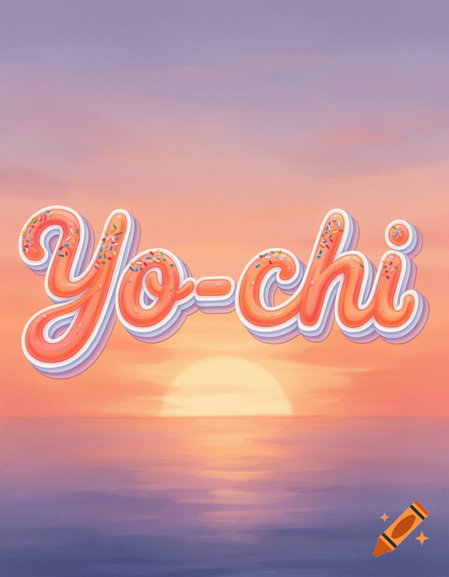 The stylized text 'Yo-chi' in a frozen yogurt font with sprinkles, set against a vibrant sunset ocean background.