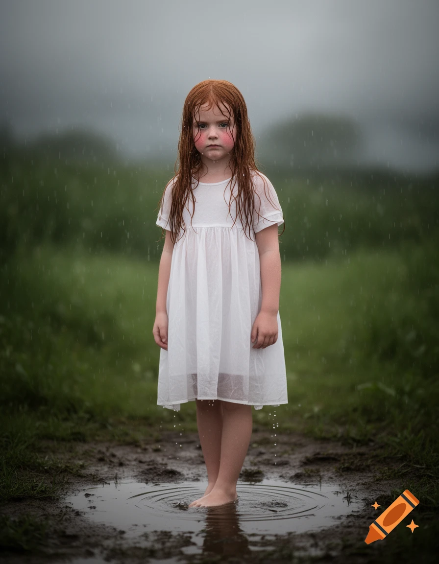 A sad young redhead girl in a white dress stands barefoot in a muddy puddle in a field in the rain.