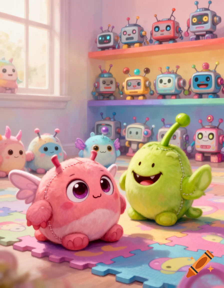 Cute pink and green monster plush toys on a colorful puzzle mat in a child's room with robot toys on shelves.
