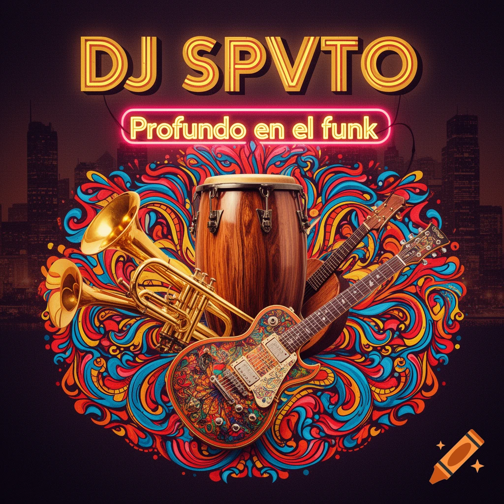 Album cover for 'DJ SPVTO: Profundo en el funk' with brass, conga, and electric guitar on a vibrant, abstract cityscape background.