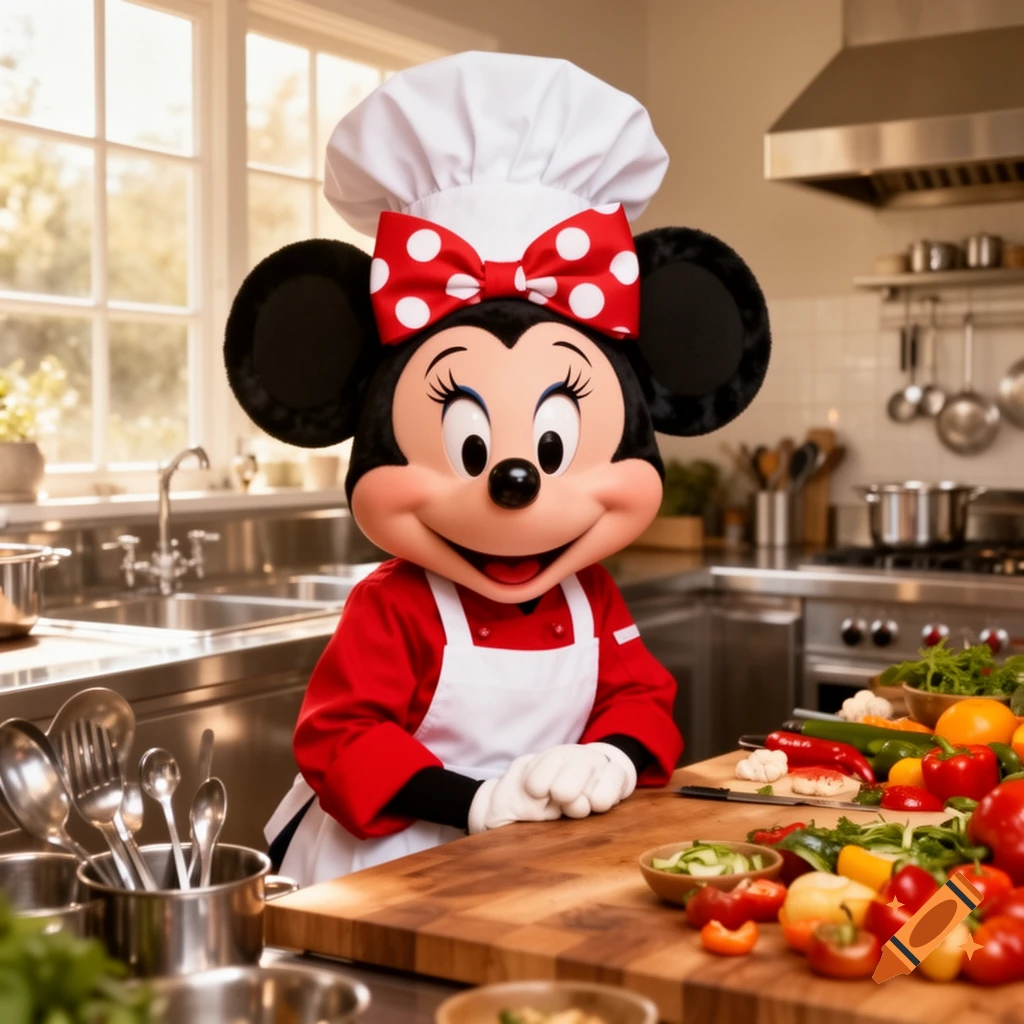 Minnie Mouse in a chef's hat and apron stands in a bright kitchen with fresh vegetables on a cutting board.
