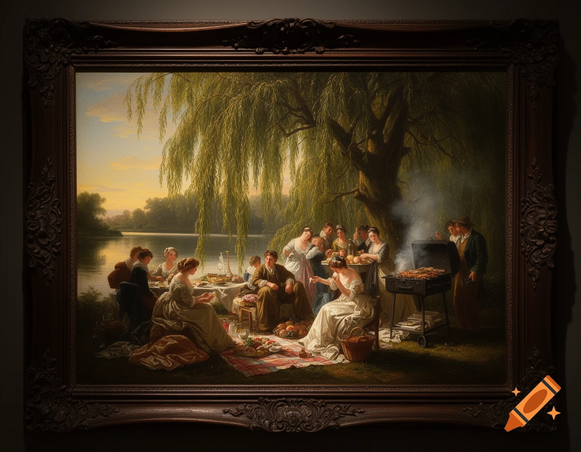 An old master oil painting depicts a barbecue gathering by a lake under a weeping willow at sunset.
