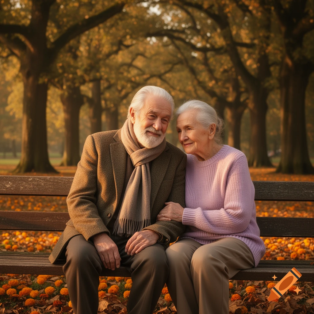 Elderly couple sits on a park bench surrounded by autumn leaves. The man smiles, the woman looks at him fondly.