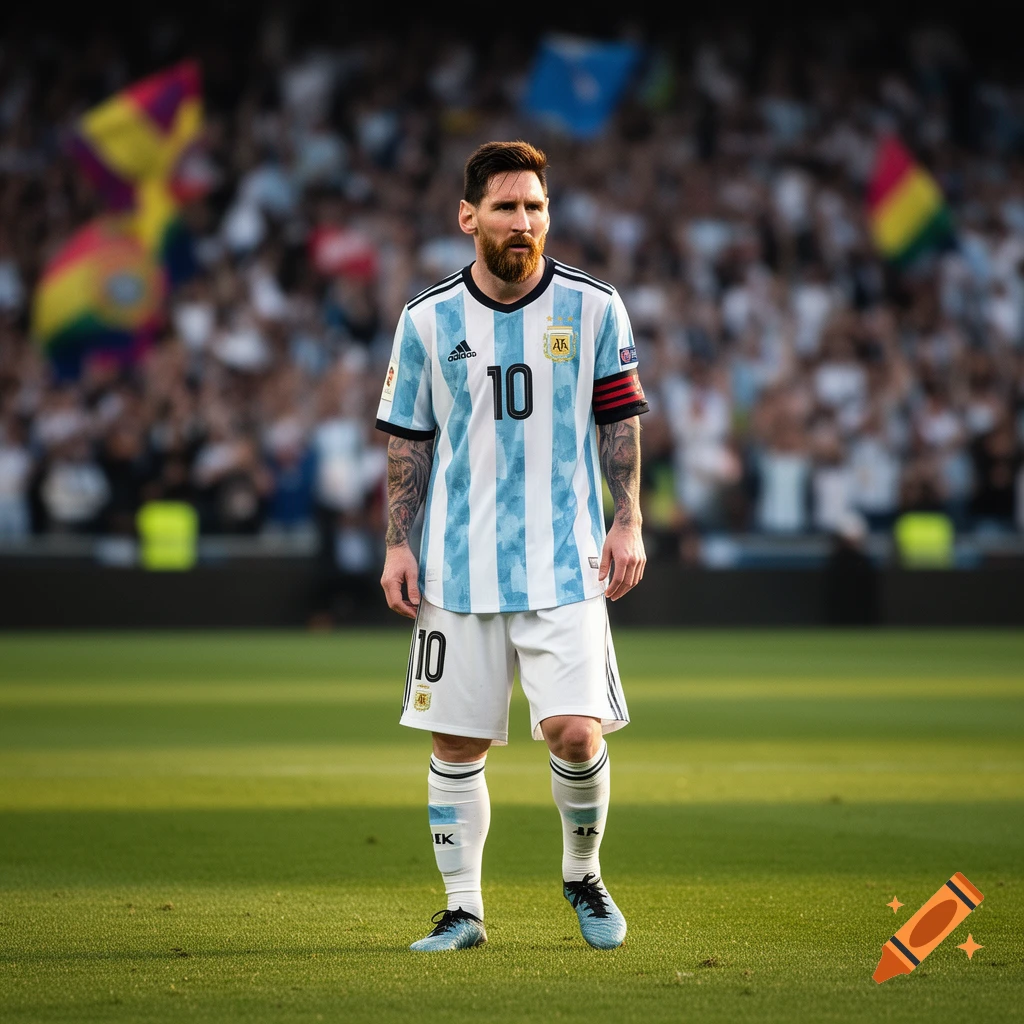 Lionel Messi in an Argentina soccer uniform stands on a green football pitch with a blurred stadium crowd in the background, looking focused.