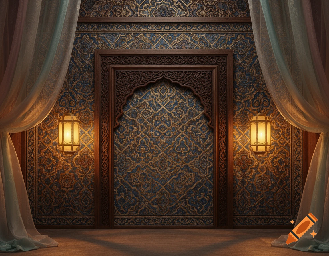 An ornate room with a large wooden arched doorway set against a blue and gold patterned wall, flanked by glowing lanterns and flowing sheer curtains.