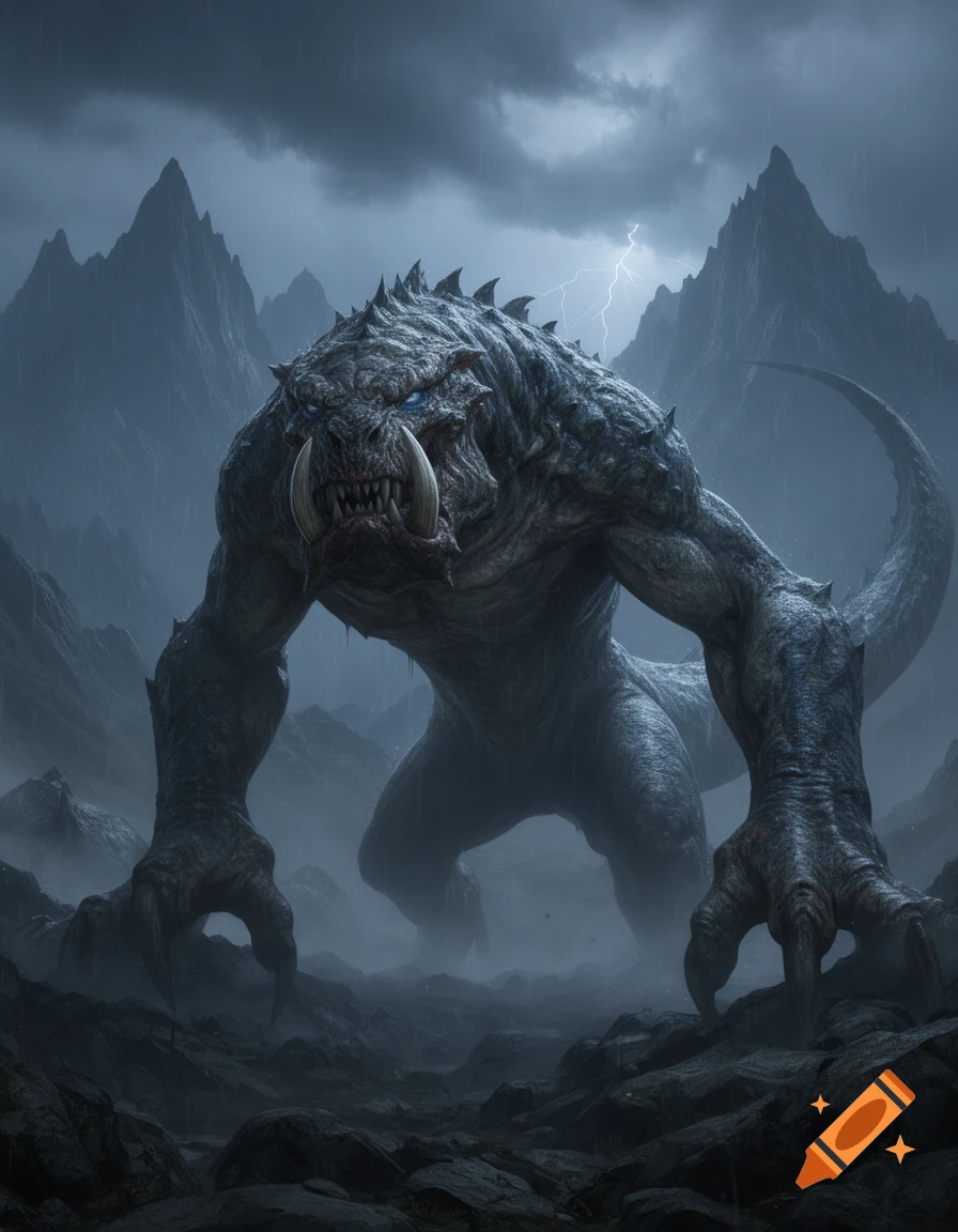 A massive, grey, scaly monster with large tusks, glowing blue eyes, and sharp claws stands in a rocky, stormy mountain landscape with lightning.