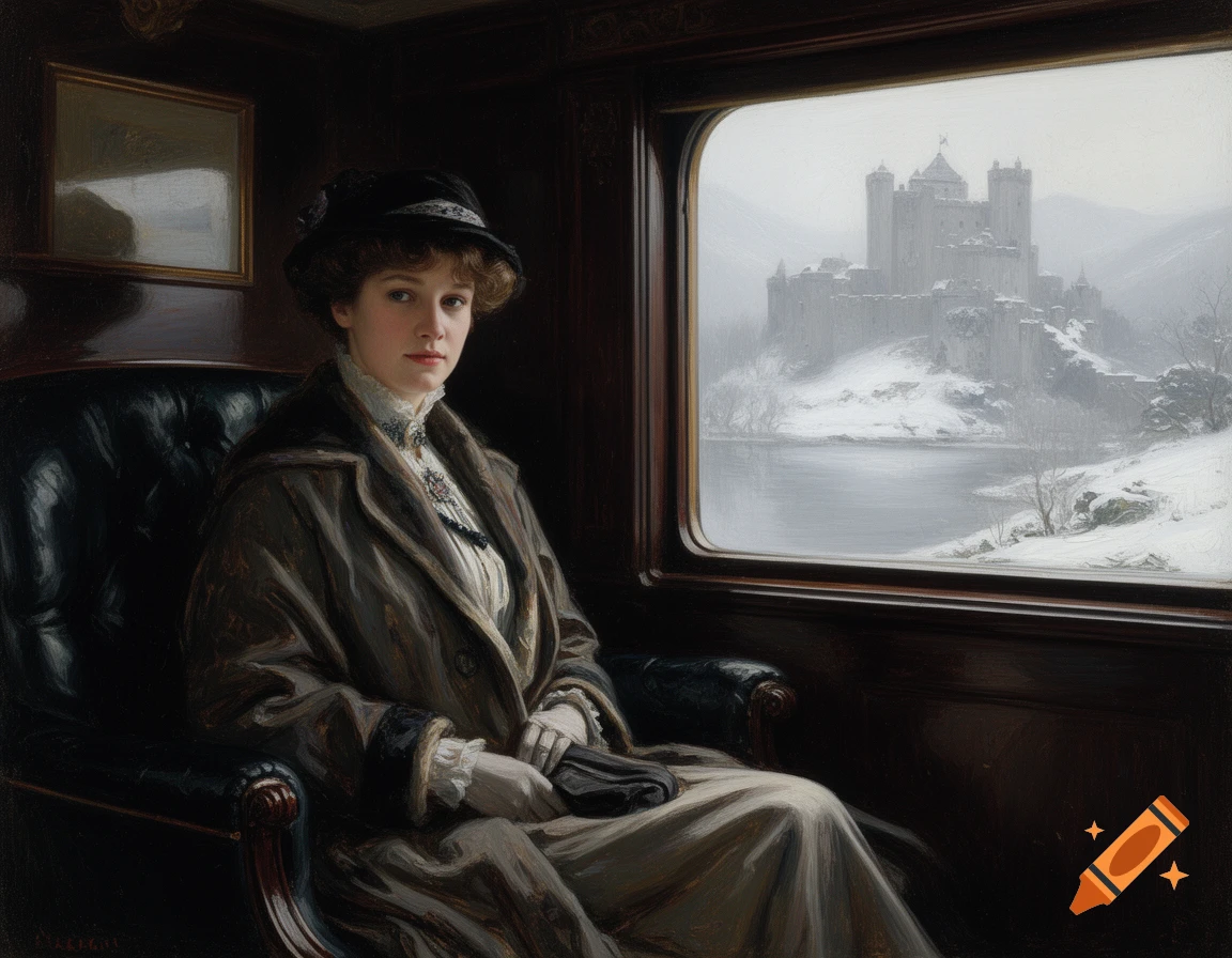 An elegant young woman in a historical outfit sits in a luxurious train carriage, looking at the viewer. Outside, a snowy castle overlooks a lake. Oil painting.