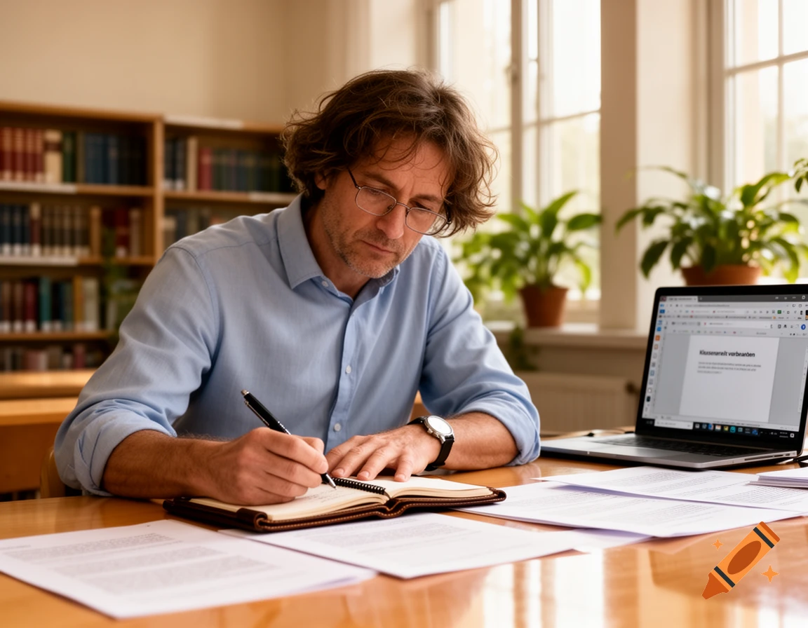 A man with glasses and a blue shirt sits at a desk, writing in a notebook with a laptop open beside him, in a room with bookshelves.