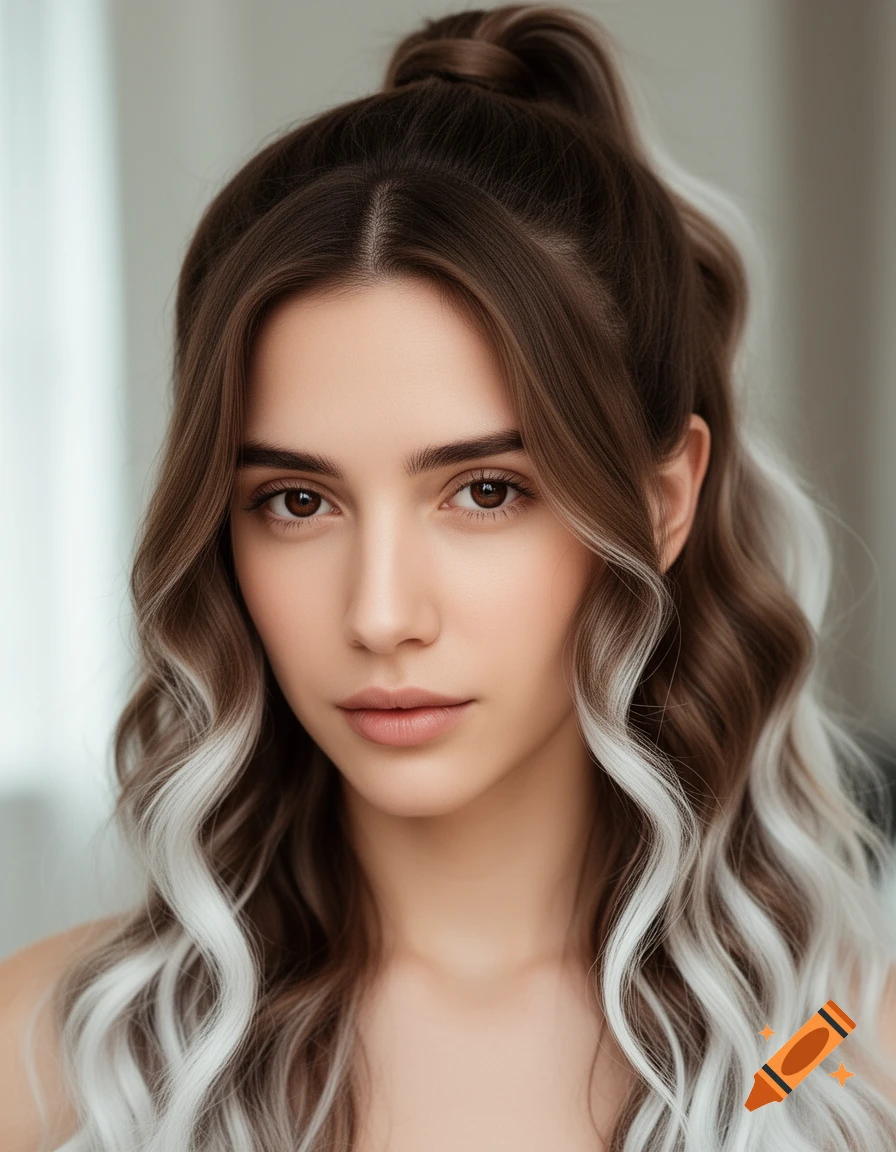 A photorealistic close-up portrait of a young woman with wavy brown hair with white highlights, tied in a half-ponytail.