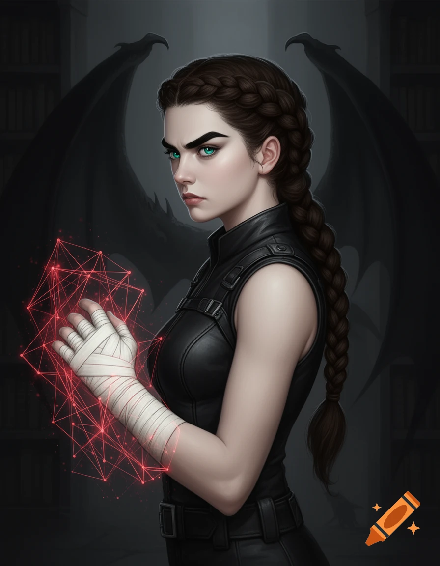 Fantasy illustration of a fierce female dragon rider with braided hair, green eyes, in black leather, a bandaged hand glowing red.