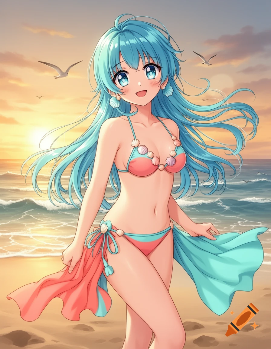 An anime girl with blue hair and big blue eyes smiles while standing on a sandy beach in a pink and blue bikini with seashells, under a sunset sky with seagulls.