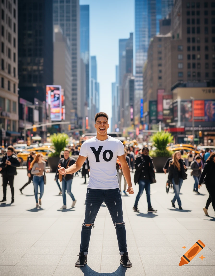 A smiling young man wearing a white t-shirt with "Yo" written on it and ripped jeans stands in a bustling city street with tall buildings.