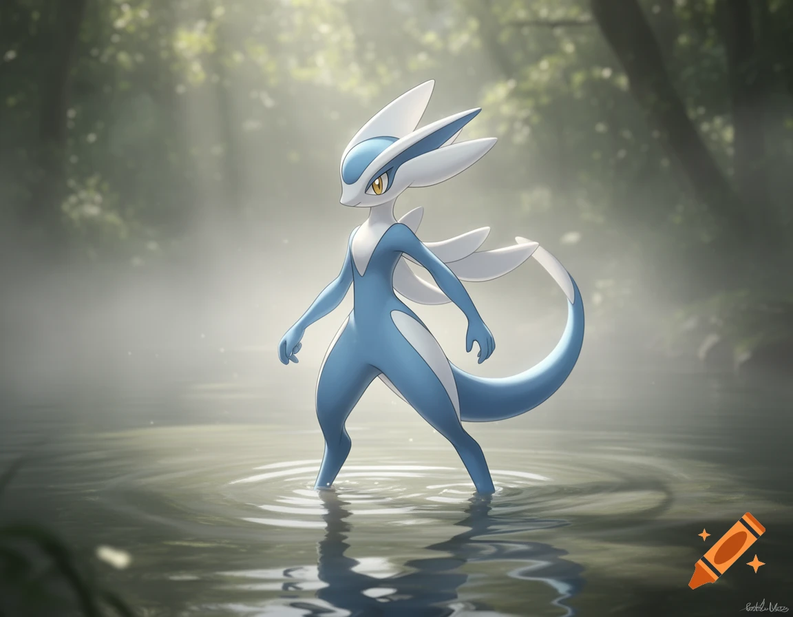 A blue and white Inteleon creature stands in shallow water in a misty forest.