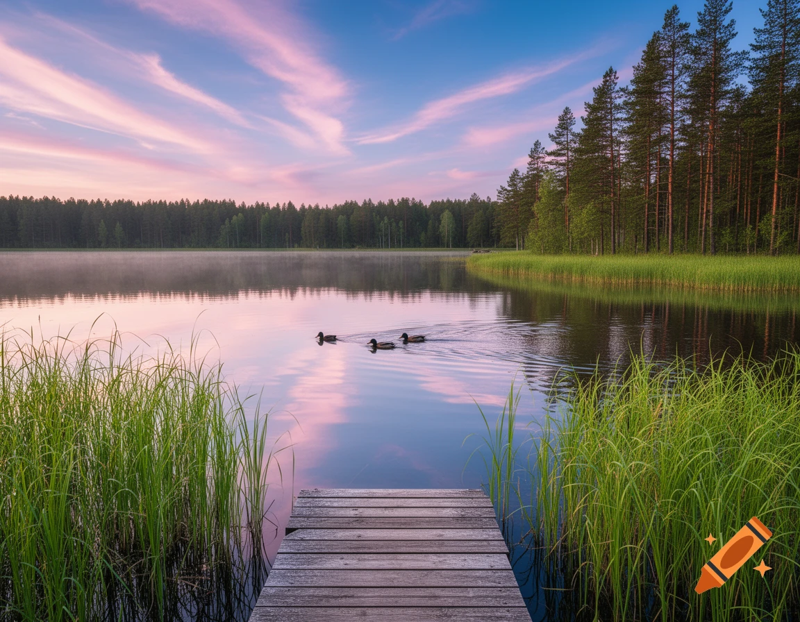 Wooden dock on a calm lake with three ducks, surrounded by a lush forest under a vibrant pink and blue sunset sky. Photorealistic.