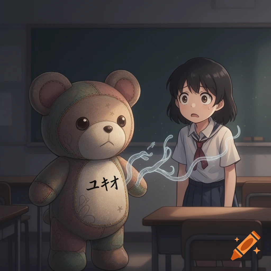 An anime girl looks surprised at a glowing, patched teddy bear named Yukio in a classroom.