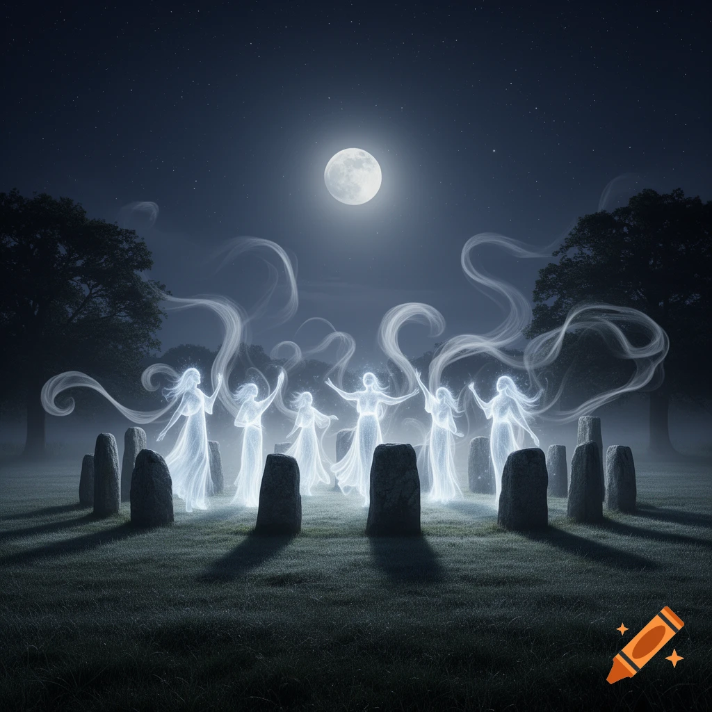 Ethereal glowing spirits dance among a stone circle in a misty field under a full moon at night.