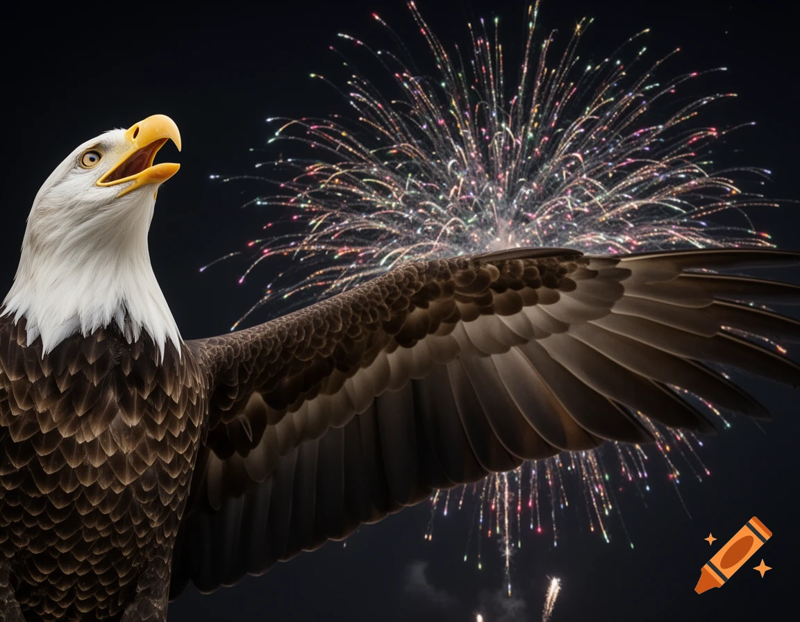 A majestic bald eagle with its beak open and right wing extended, looking up at colorful fireworks exploding in the dark night sky.