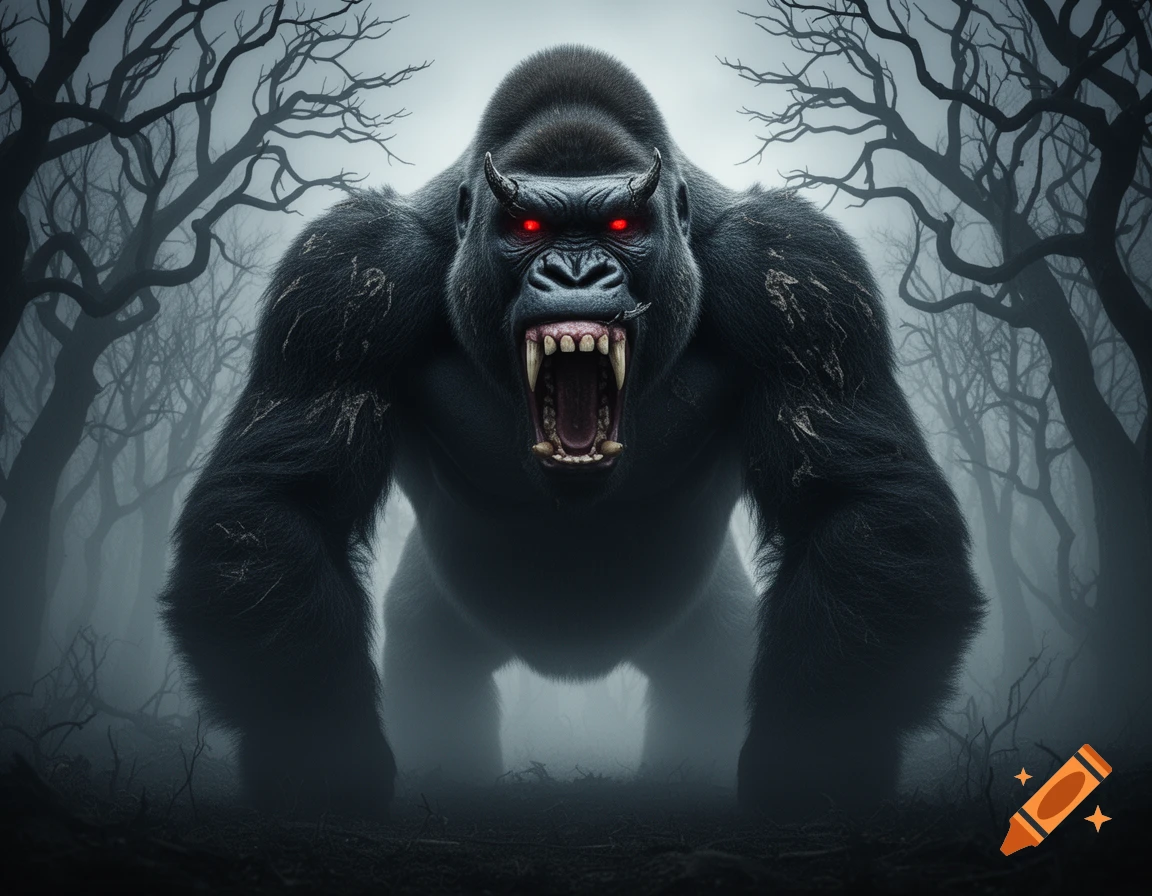 A menacing demon gorilla with glowing red eyes and fangs stands in a dark, misty forest.