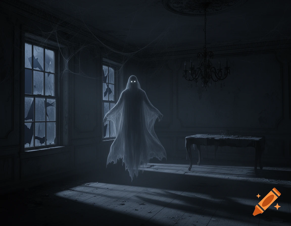 A white ghost with glowing eyes floats in a dark, abandoned room with broken windows, cobwebs, and a dusty table.