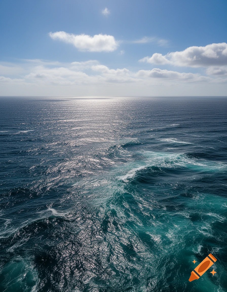 An aerial view of the deep blue ocean with a bright sun glare on the water under a partly cloudy blue sky.