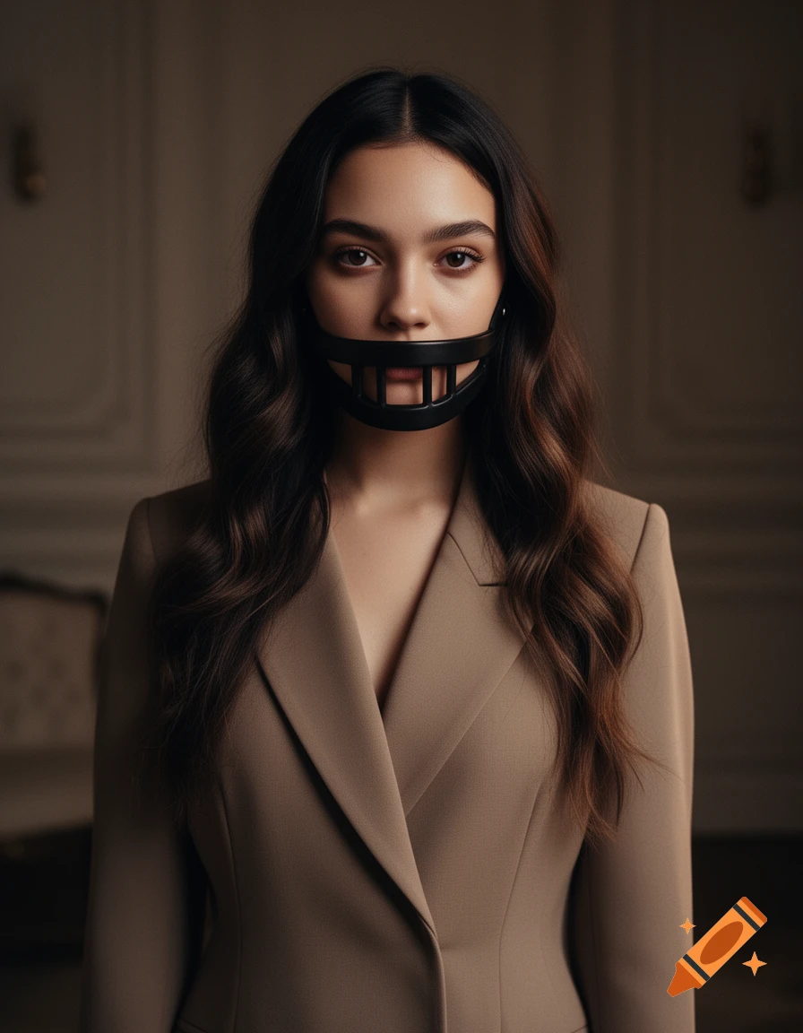 Woman with dark wavy hair and a beige blazer wearing a black mouth gag, looking forward in a soft-lit setting.