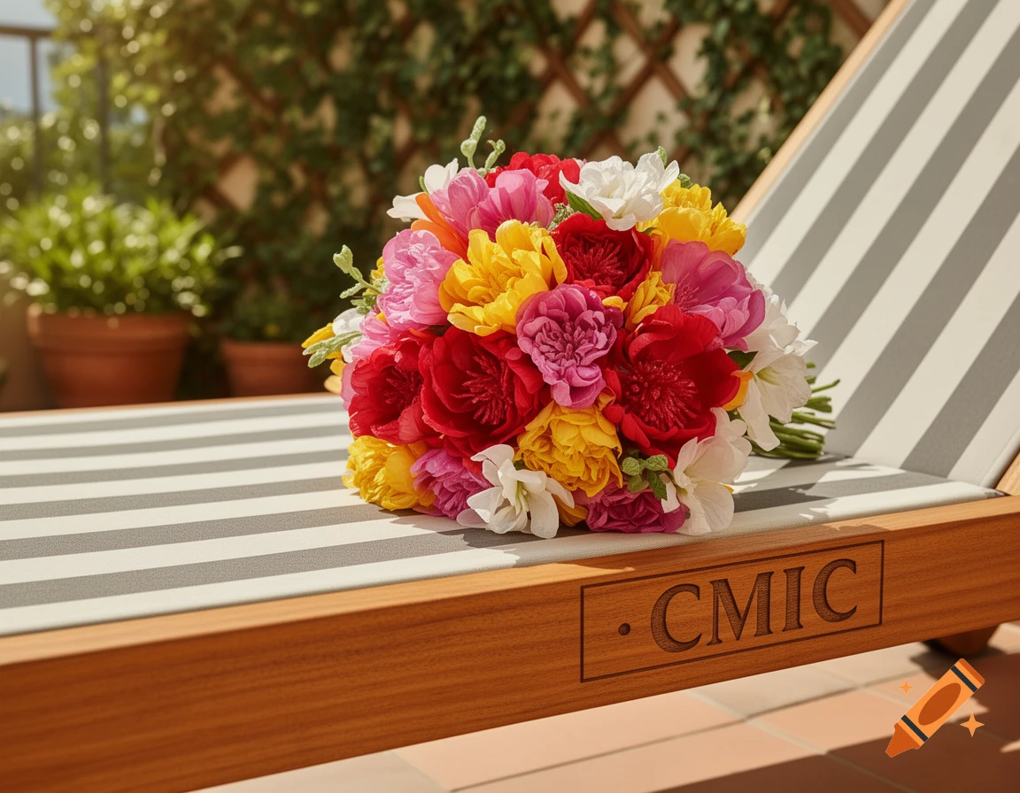 A vibrant bouquet of red, pink, yellow, and white flowers rests on a striped wooden lounge chair on a sunny patio.